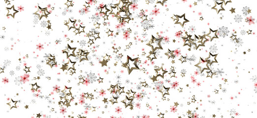 Abstract background with falling golden stars, snowflakes and red stars on white. Perfect for holiday greetings, Christmas and New Year designs.