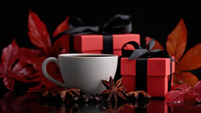 coffee cup gifts and autumn leaves,