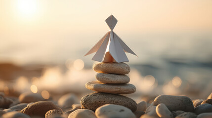 Obraz premium A white origami figure against a backdrop of pebbles at sunset, a minimalist Zen composition symbolizing balance and tranquility