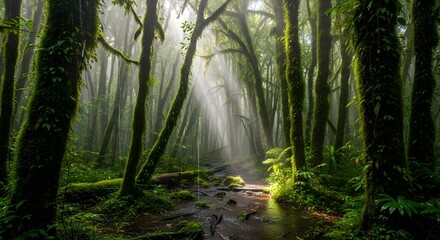 Obraz premium Magical sunbeams stream through a lush, vibrant rainforest with a flowing stream, creating a dreamy and serene atmosphere