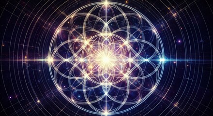 Obraz premium Intricate Geometric Pattern with Radiating Light and Symmetrical Shapes Representing Cosmic Energy and Universal Harmony