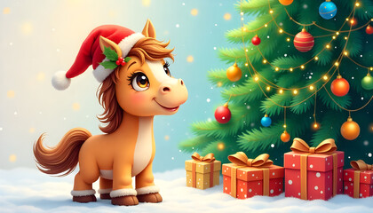 Cute Christmas horse under decorated tree illustration