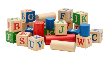 A pile of colorful wooden blocks with letters on them.