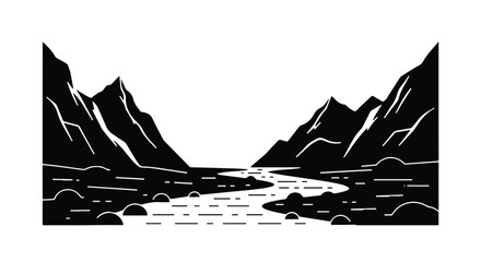 Fototapeta premium A striking flat 2D vector illustration portrays a serene black and white mountain river valley featuring prominent rocks, presented against a clean white background.
