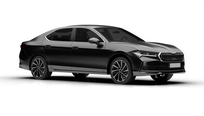 Slight front right render of dark grey colored modern sedan car shown on transparent background