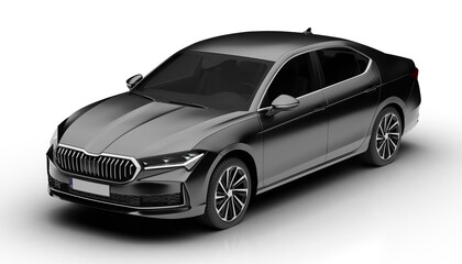 Slight front left view of dark grey modern sedan car rendered with a transparent background