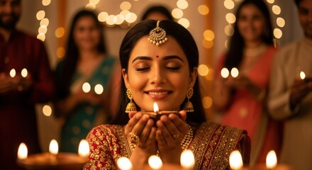 A young South Asian woman in traditional attire joyfully holds a small oil lamp while celebrating a festival surrounded by smiling friends and family against a backdrop of twinkling lights.