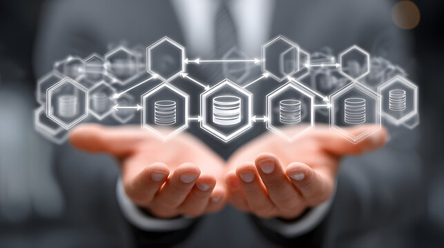 Database and datastore. Data migration and transformation. Engineer holding database icons in data flow diagram.