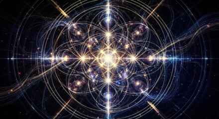 Fototapeta premium A mesmerizing digital representation of cosmic energy, featuring interconnected radiant particles and intricate patterns, capturing the essence of a dynamic universe.