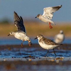 Obraz premium Birds in mid-air, with one bird on ground