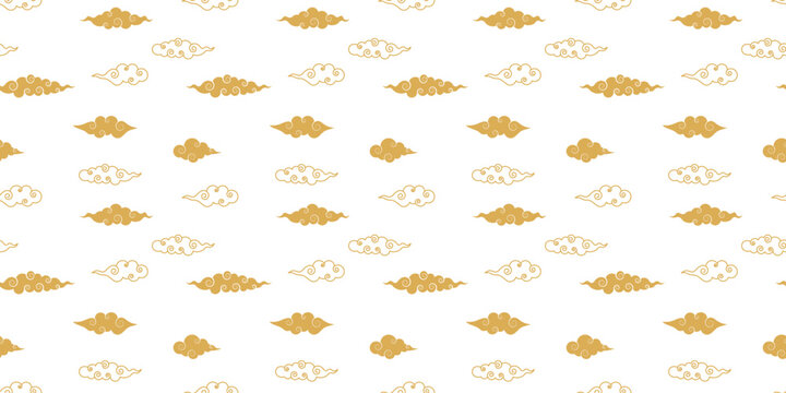 Traditional Chinese or Japanese clouds with spiral swirls. Seamless pattern in flat style and gold color. Vector illustration for mid autumn festival, new year and holiday banners poster, card, cover