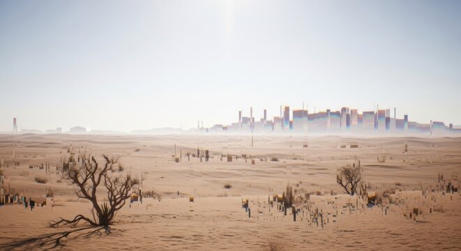 Desert Mirage: Distant Cityscape Emerging from Arid Landscape with Pixelated Glitch Effects