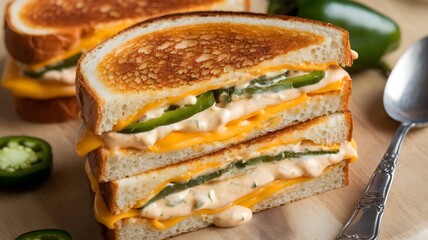 Spicy Triple Decker Grilled Cheese Sandwich with Jalape&ntilde;os and Melted Cheddar on Rustic Wood