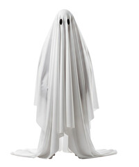 A white ghost with black eyes and a white sheet covering its face and body, standing against a white background.