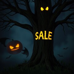 Spooky tree with glowing SALE sign and pumpkin for Halloween sale  