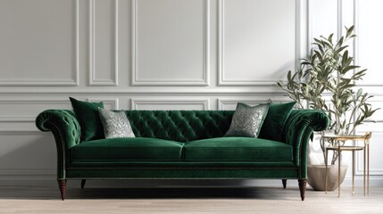 Fototapeta premium Luxurious Green Velvet Sofa in Elegant Modern Living Room Setting