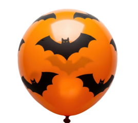 A single orange balloon with black bat silhouettes on a white background.
