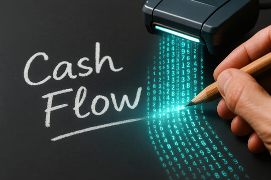 Cash finance technology and data create a glowing stream that flows while futuristic scanners convert the numbers