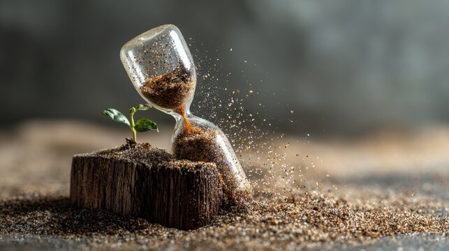 A cracked hourglass spillig sand onto a young saplin, representing premature tme pressure.