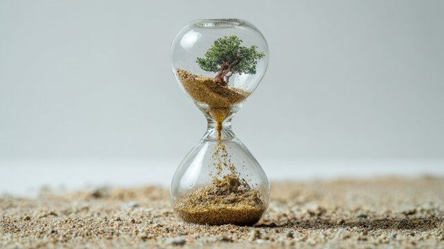 A cracked hourglass spillig sand onto a young saplin, representing premature tme pressure.