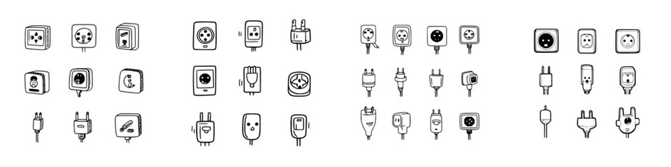 Assortment of international electrical power plugs and wall socket doodle icons