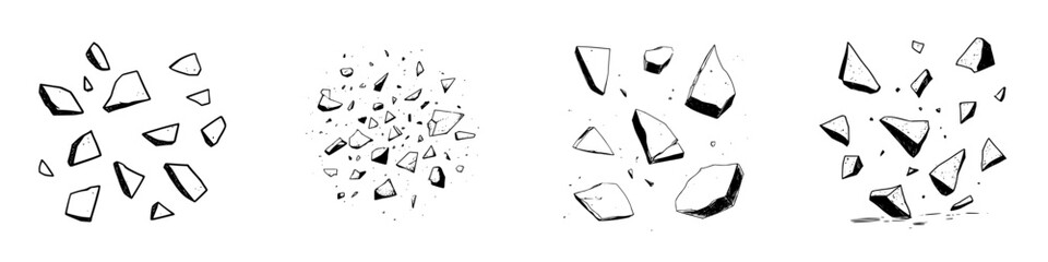 Collection of sharp broken rock fragments and falling debris elements in sketch style