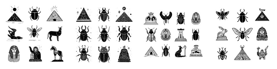 Ancient Egyptian symbols and scarab beetles glyphs set