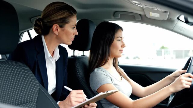 Woman driving a car during a driving lesson with an instructor, demonstrating the process of learning to drive a vehicle footage.