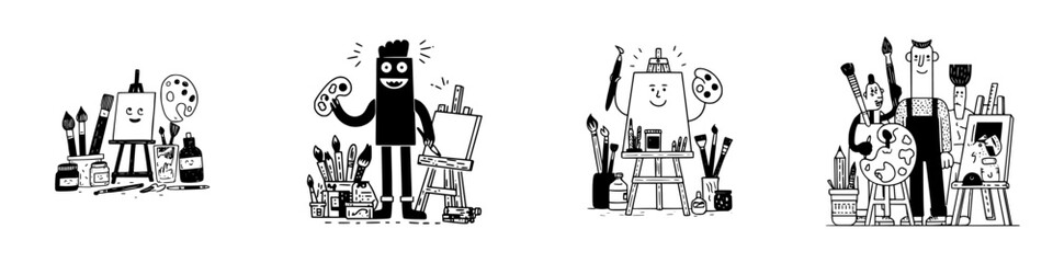 Happy cartoon artists with painting supplies and easels