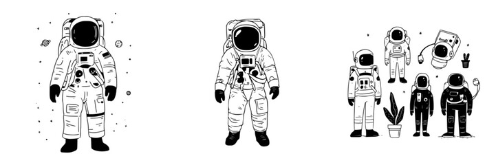 Collection of stylized astronaut figures and space elements in outline drawing