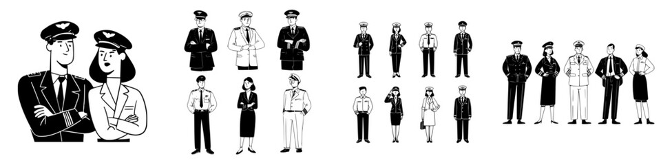 Diverse Airline Pilots and Flight Crew Members Posing in Uniforms