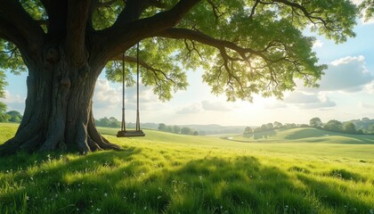 Large old tree with wooden swing stands in green meadow. Warm sun filters through bright leaves, creating soft shadows on grass. Rolling hills meet blue sky with white clouds. Peaceful idyllic nature