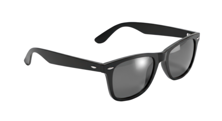 A pair of black sunglasses with reflective lenses on a white background.