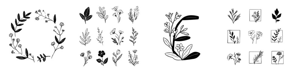Collection of hand drawn botanical elements featuring floral wreath and letter E