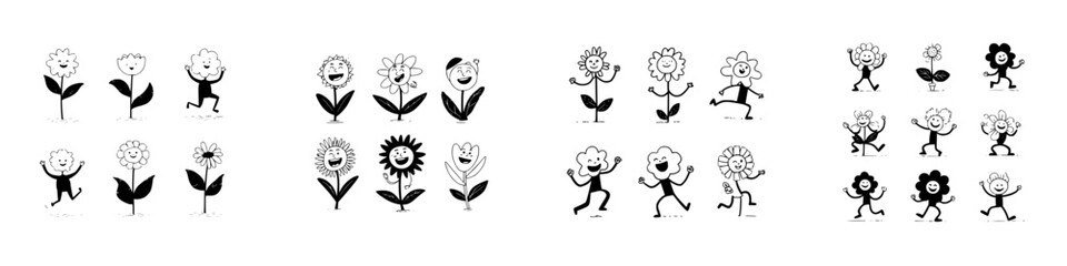 Happy cartoon flower characters set with various poses and expressions