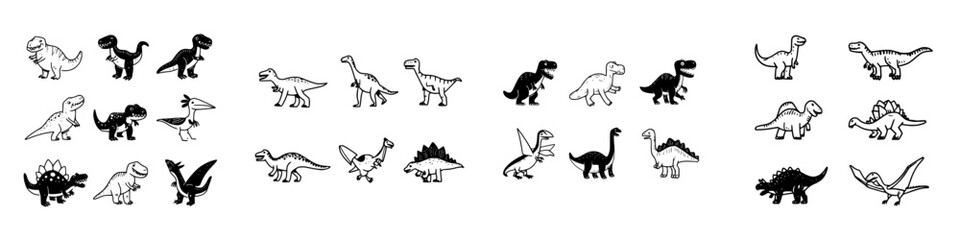 Set of cute cartoon dinosaur icons in outline and solid styles