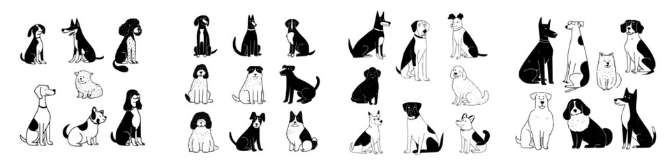 Collection of various dog breeds sitting in black and white outline style