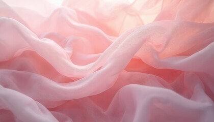 Fototapeta premium Close up on light pink flowing fabric waves. Sheer soft textile design for fashion industry. Elegant material folds with ripple pattern. Delicate transparent chiffon drape detail. Airy smooth