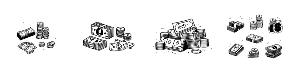Stacks of cash and piles of coins in hand drawn style