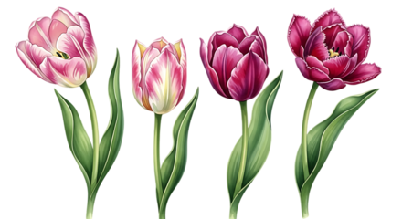 Watercolor illustration of four tulips isolated on transparent background