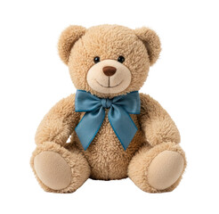 Obraz premium A beige teddy bear with a blue ribbon on a white background.