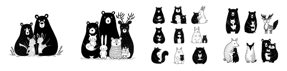 Monochrome woodland animal family groupings in textured style