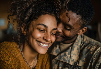 Portrait of cheerful pretty curly black teen girl hugging her dad soldier from behind and smiling at camera, young black man in military uniform return home from army, cuddling with his daughter