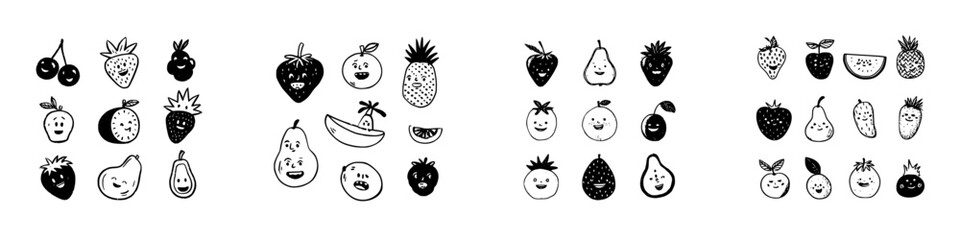 Collection of happy hand drawn fruit icons featuring strawberries pears and cherries