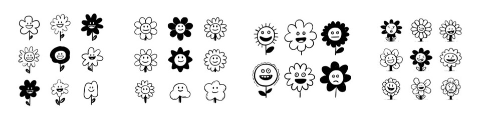Doodle icons of happy and sad flowers with expressive faces