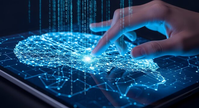 Hand touching glowing digital brain network with binary code isolated on white background - Powered by Adobe