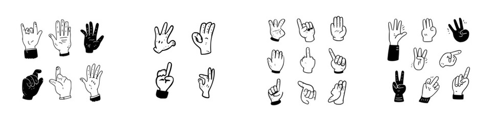 Hand gestures showing numbers and common communication signs in doodle style