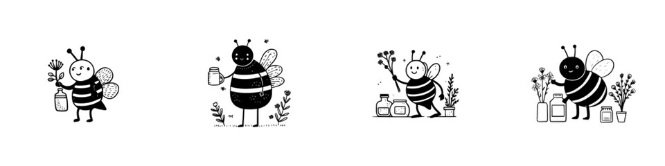 Cute cartoon bees with honey jars and flowers