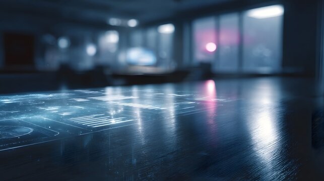 A modern office desk with glowing digital interfaces and reflections set against a blurred city view at dusk - Powered by Adobe