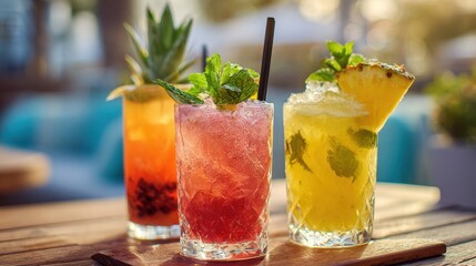Fototapeta premium Three refreshing tropical cocktails with pineapple garnish and mint on a wooden table outdoors